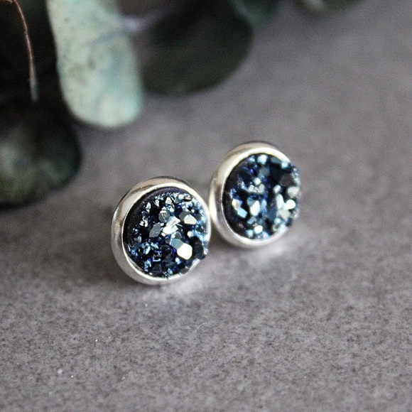 Blue Druzy Earrings, Blue Stud Earrings, Blue Post - Picture 3 of 6